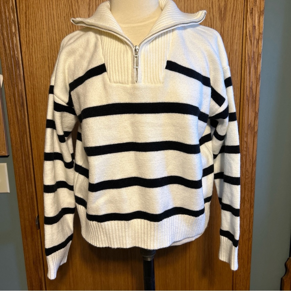 Woman’s XL Striped‎ quarter Zip Sweater Cozy Basic Chunky Preppy nautical
